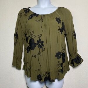 LIV LOS ANGELES Olive Green Black Floral Embroidered Gauze Blouse Top‎ Size S
